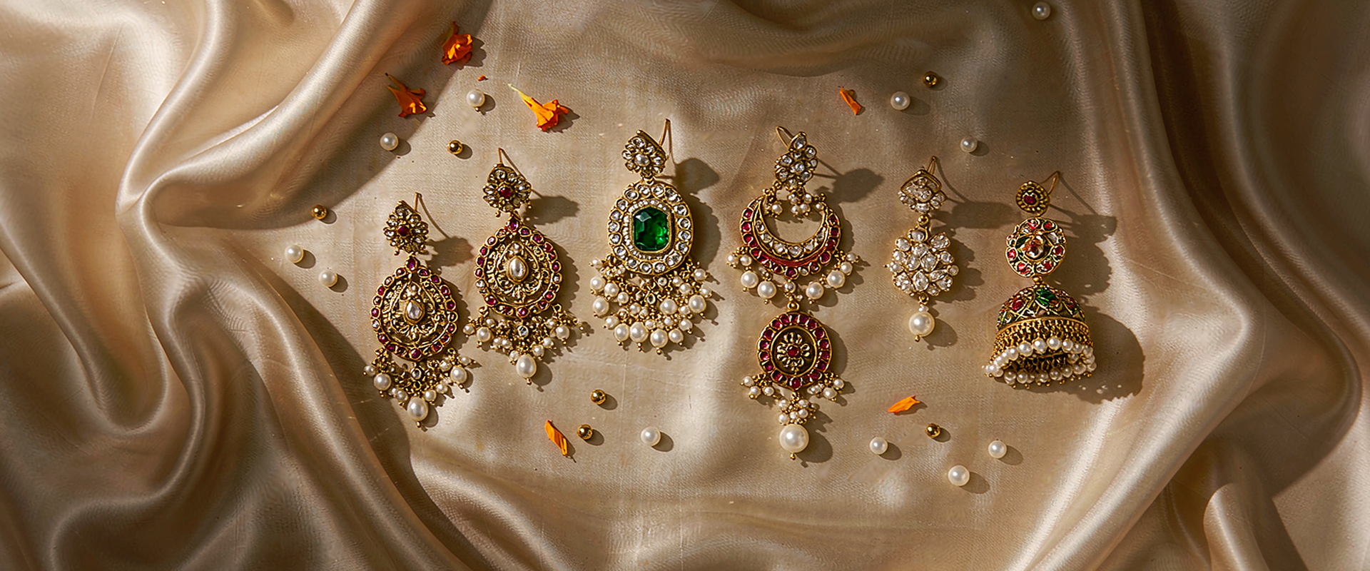 Editorial flat-lay of Indian bridal jhumka earrings on champagne silk (wide banner)